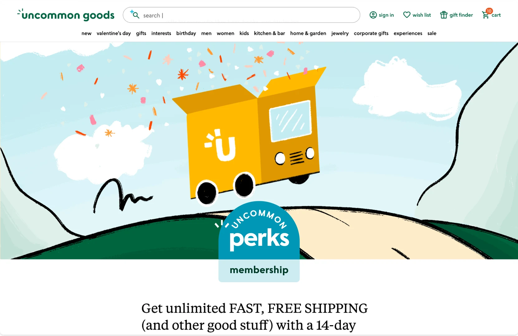 Uncommon Perks landing page — the hero illustration I developed, the U delivery truck cresting a hill